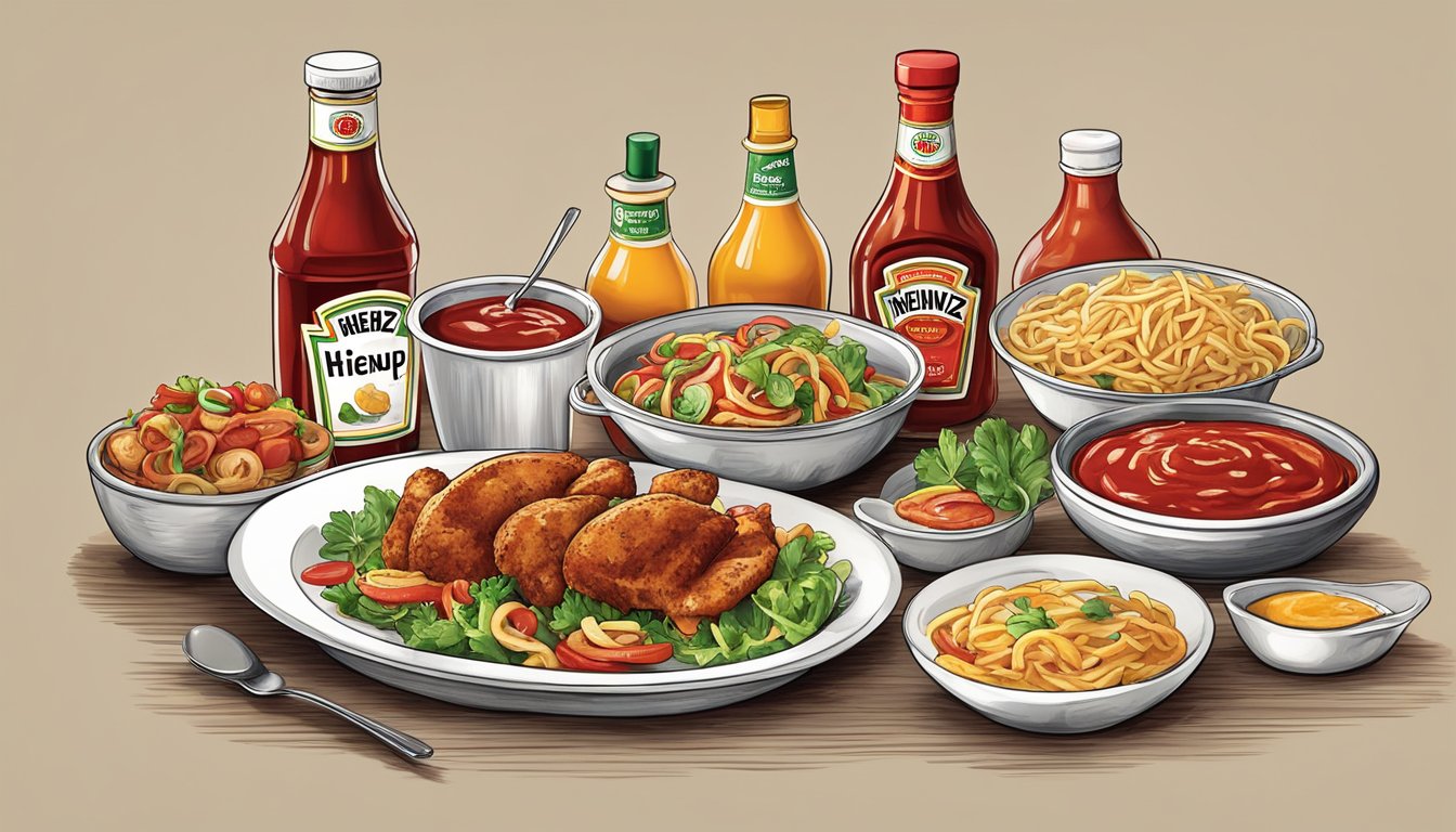 A table set with various dishes, each accompanied by a bottle of Hearty Mains Heinz ketchup, ready for a delicious meal