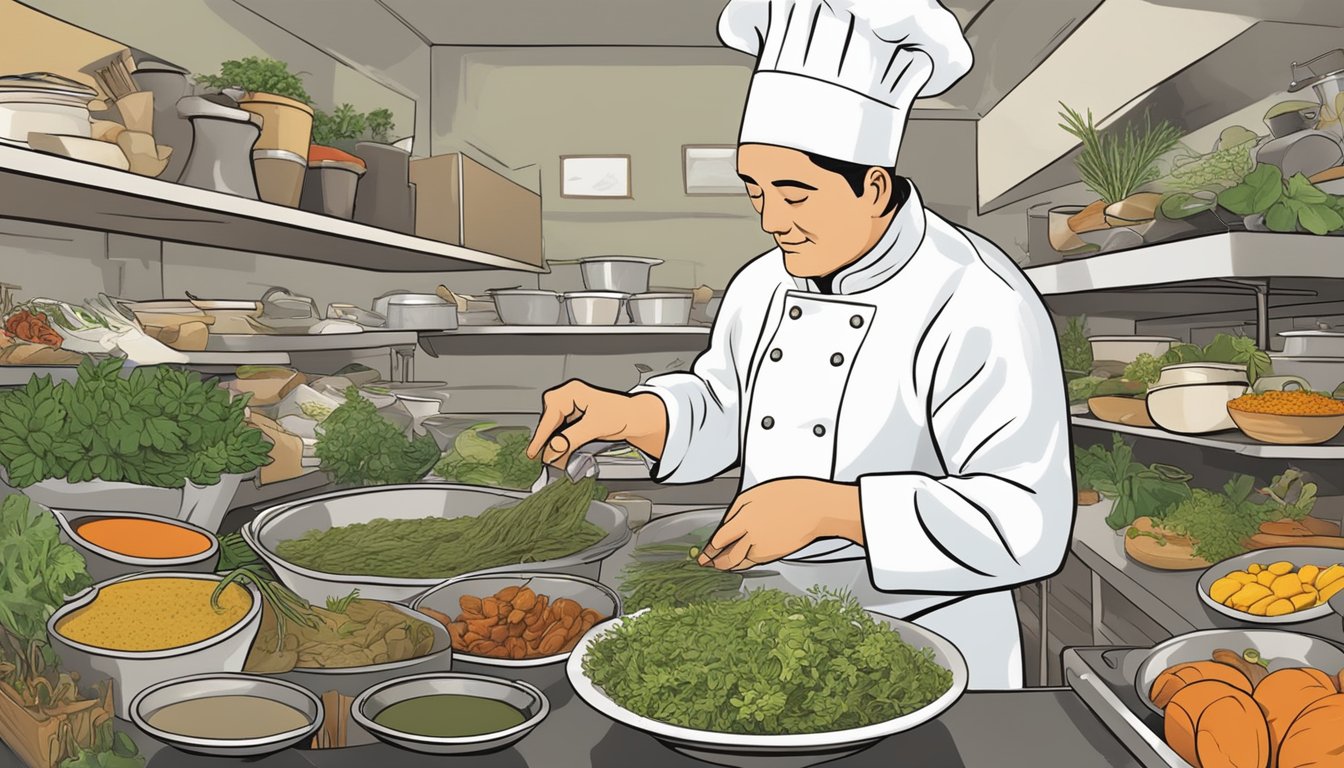 A chef carefully selects and measures various herbs and spices, then adds them to a pot of steaming clams, creating a balanced flavor profile