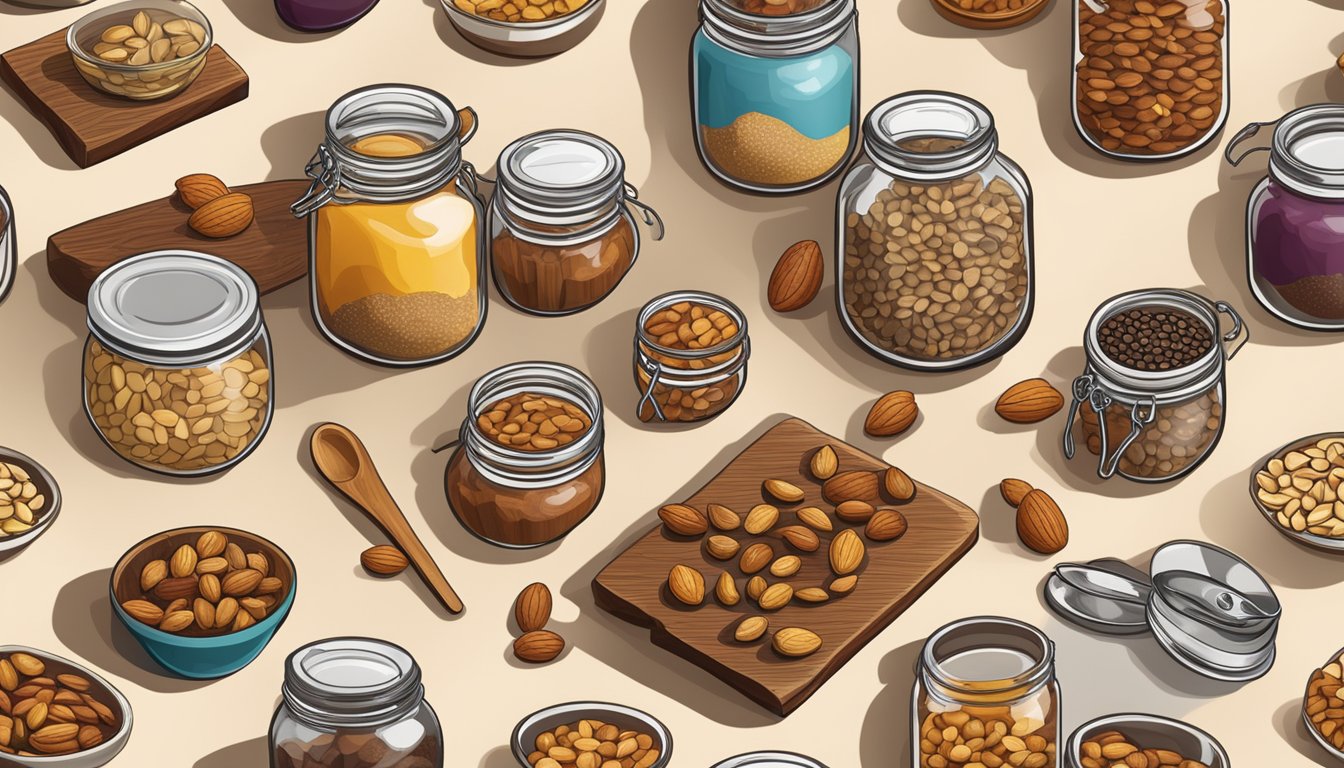 A wooden countertop with assorted jars of nuts, seeds, and dried fruits, along with a mixing bowl and measuring spoons