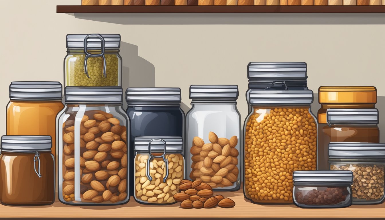 A well-stocked pantry with assorted nuts, seeds, and dried fruits, alongside jars of honey and nut butter