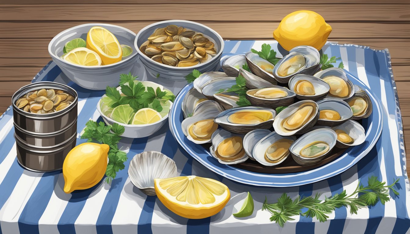 A rustic wooden table with a blue and white striped tablecloth, adorned with a variety of canned clam dishes, garnished with fresh herbs and lemon slices