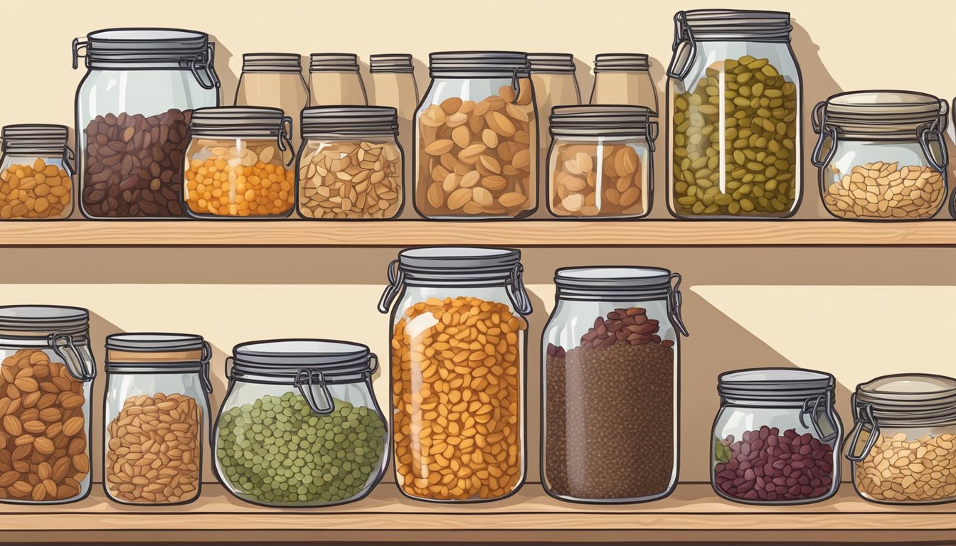 A well-organized pantry shelf with jars of nuts, seeds, and dried fruits, accompanied by a cutting board, mixing bowl, and recipe cards for homemade energy bites