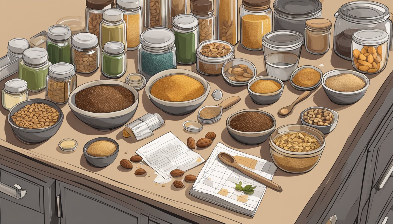 A pantry filled with various ingredients such as nuts, seeds, dried fruits, and nut butters, along with recipe notes and measuring utensils scattered across the countertop