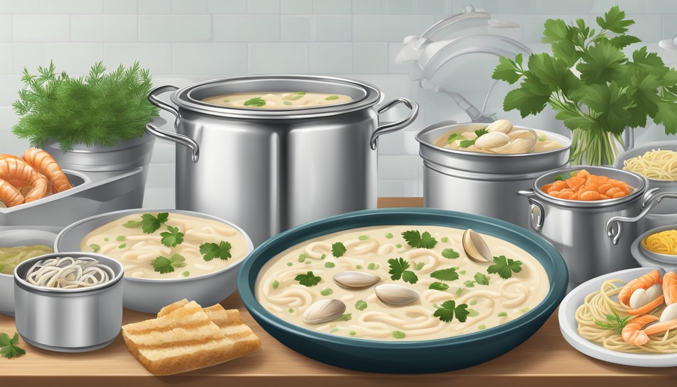 A kitchen counter with neatly organized cans of clam chowder and clam linguine, surrounded by fresh seafood and herbs