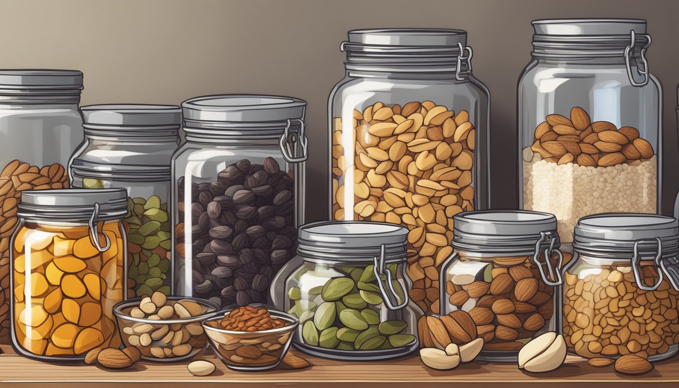 A cluttered pantry shelf with jars of nuts, seeds, and dried fruit. A mixing bowl and measuring cups sit on the counter, ready for homemade energy bite creation