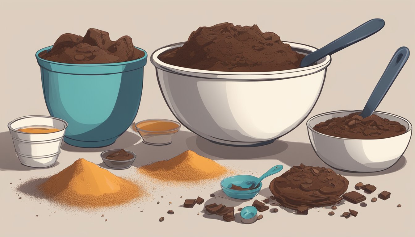 A mixing bowl filled with brownie mix and various ingredients scattered around, with a spoon and measuring cups nearby