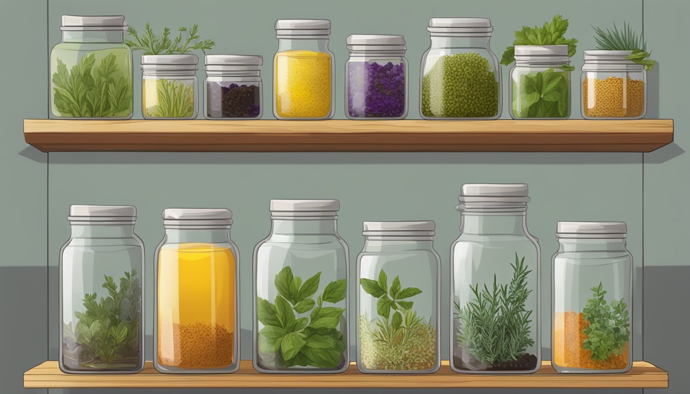 A glass jar filled with herbs and spices submerged in a clear oil, sitting on a wooden shelf next to other jars of infused oils