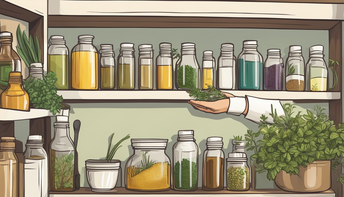 A hand reaching for various herbs, spices, and oils on a shelf, preparing to create infused oils