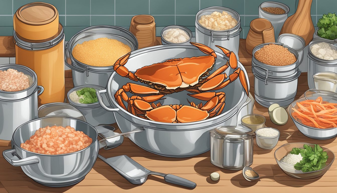 A kitchen counter with open cans of crab meat, surrounded by various cooking utensils and ingredients, ready for preparation