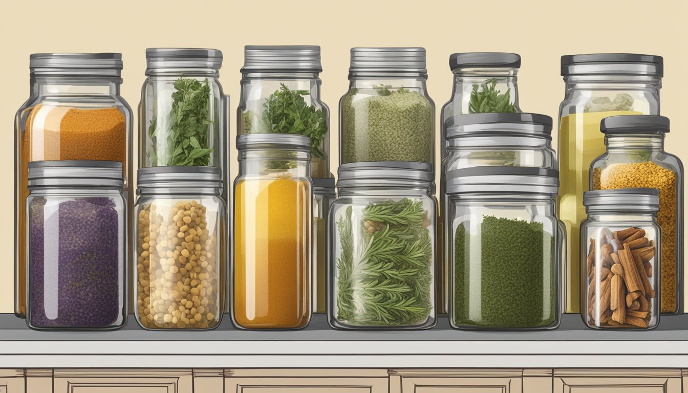 A row of glass jars filled with various herbs and spices, sitting on a shelf with labels indicating the ingredients for shelf-stable infused oils