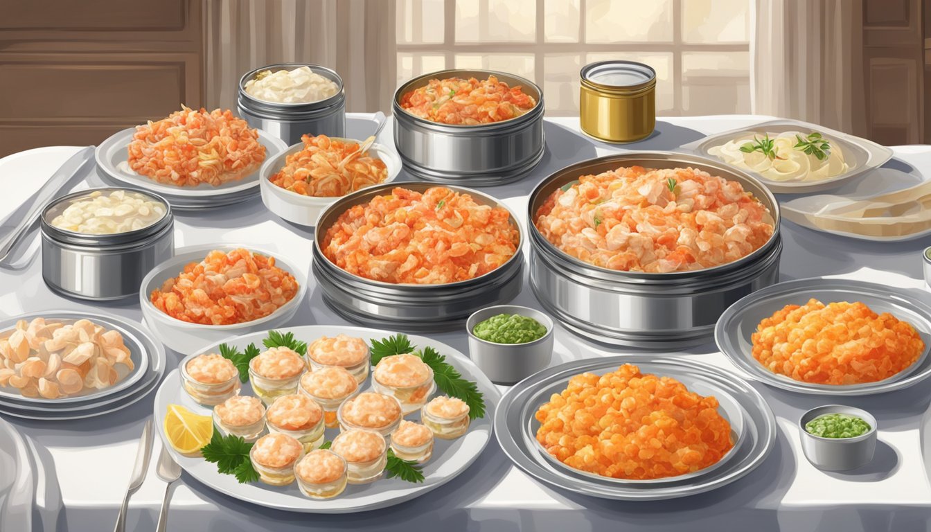 A luxurious spread of canned crab meat dishes on a festive dining table