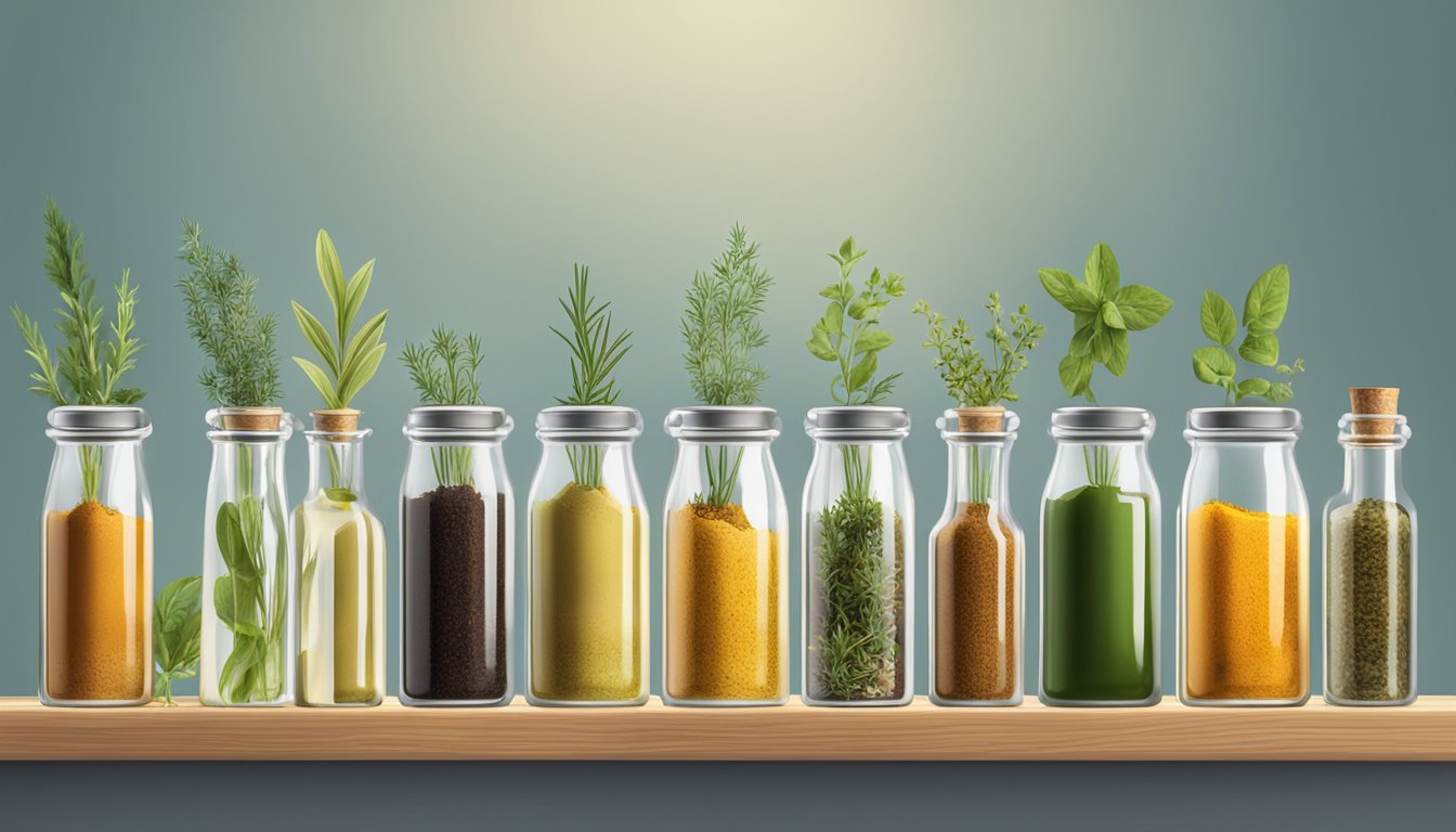 A row of glass bottles filled with various herbs and spices submerged in clear oils, sitting on a wooden shelf in a well-lit kitchen