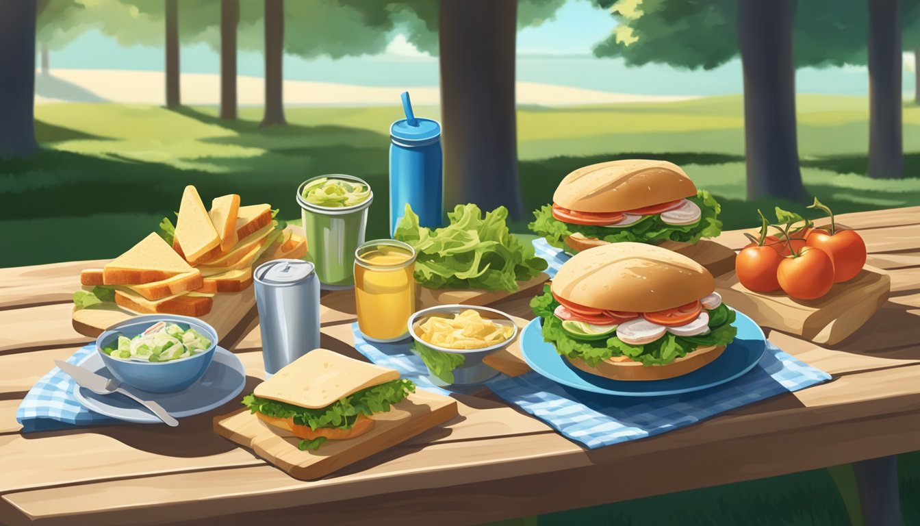 A picnic table set with a variety of sandwiches and salads, with canned crab meat as a featured ingredient. Sunlight filters through the trees, creating dappled shadows on the table