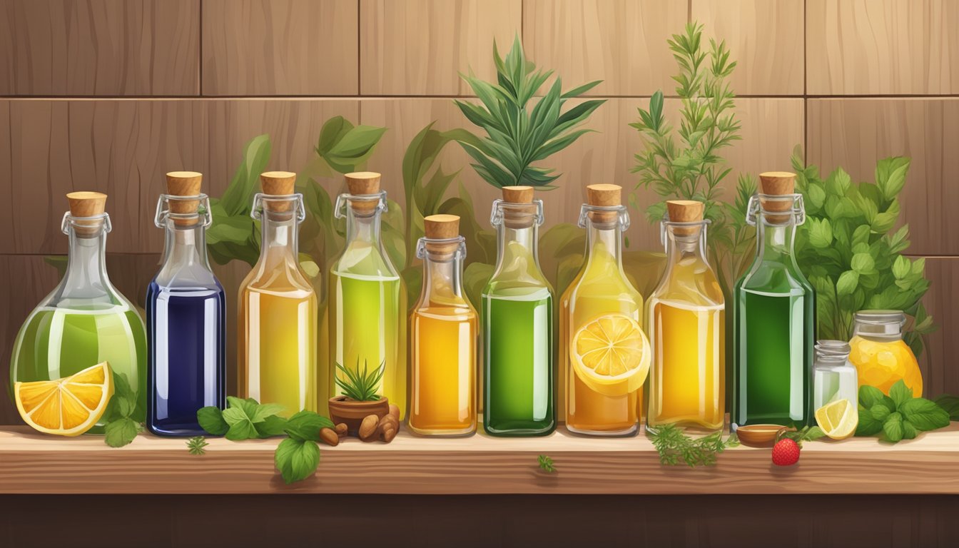 A variety of glass bottles filled with colorful infused oils, surrounded by fresh herbs, spices, and fruits on a wooden shelf