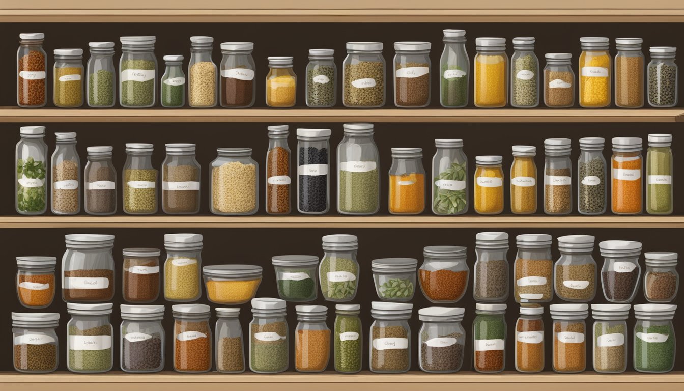 A shelf displaying various glass jars filled with dried herbs, spices, and oils, neatly organized and labeled for storage and packaging