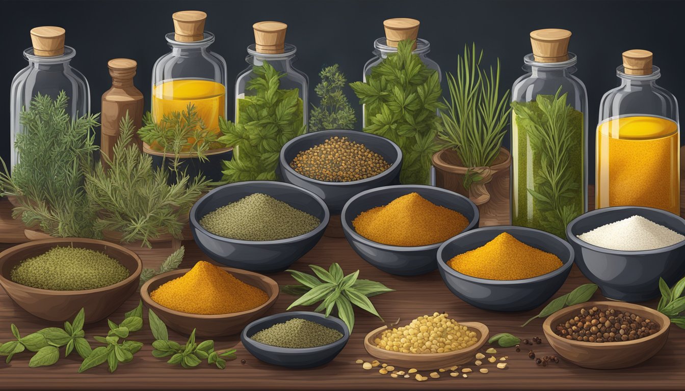 A table with various dried herbs, spices, and oils arranged for blending