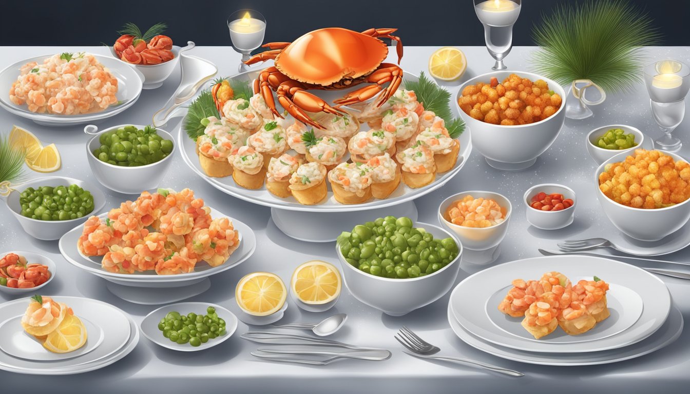 A table set with elegant dishes of crab meat appetizers, surrounded by festive decorations and dim lighting