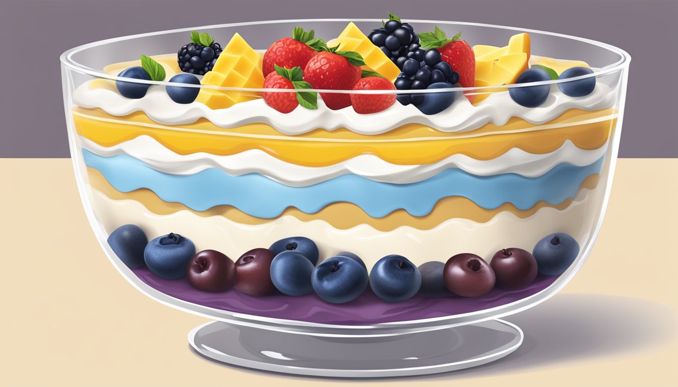 A clear glass trifle bowl filled with layers of instant pudding mix, sponge cake, fruit, and whipped cream