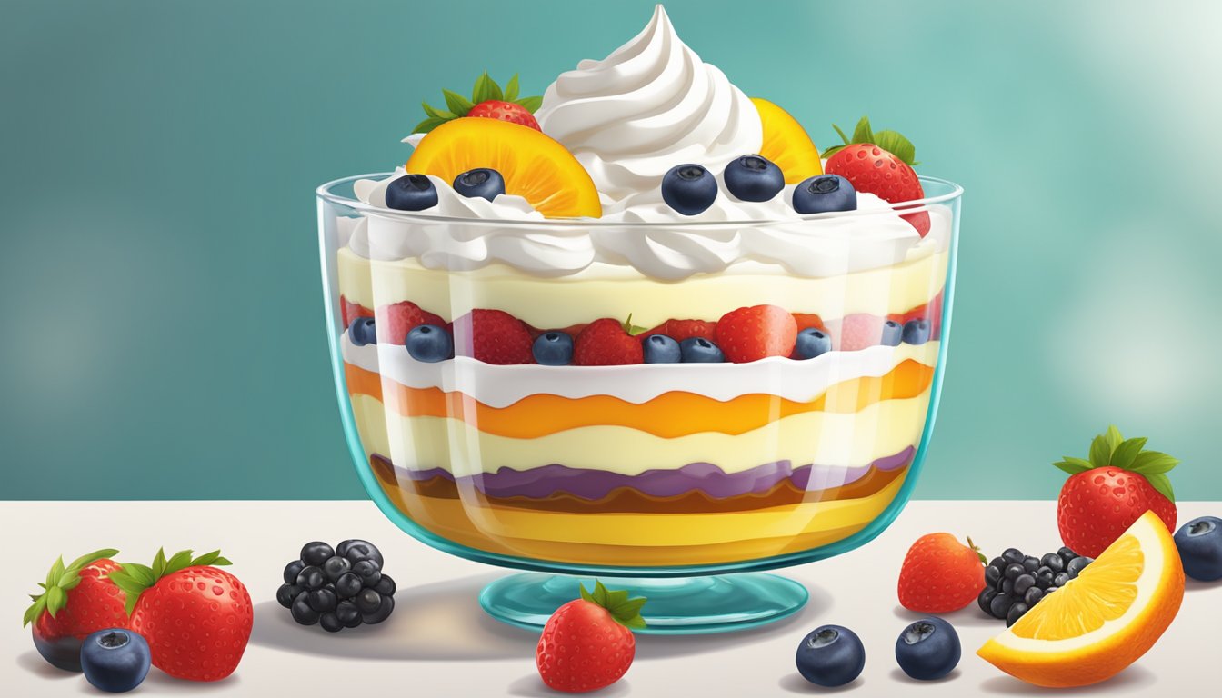 A glass trifle dish filled with layers of colorful Trifles instant pudding mix, topped with whipped cream and garnished with fresh fruit