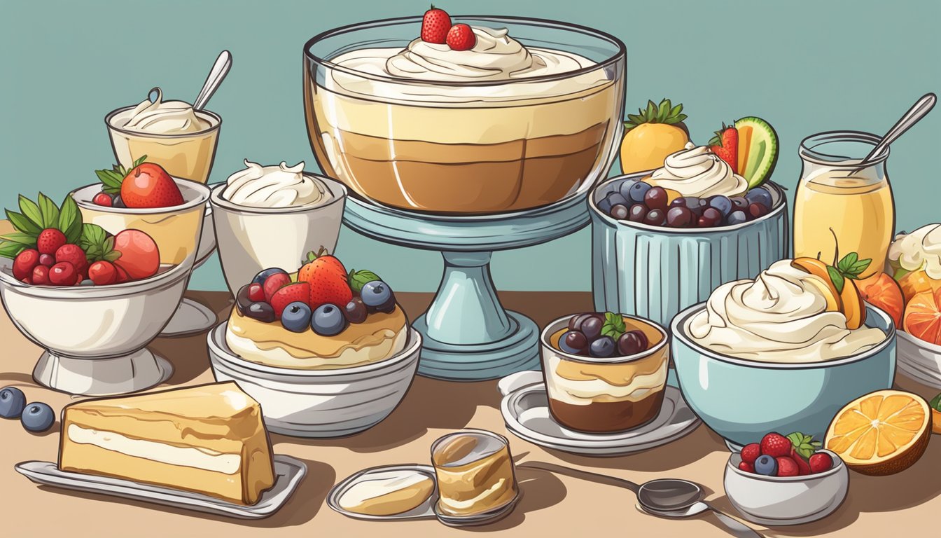 A bowl of instant pudding mix, surrounded by various trifle components such as cake, fruit, and whipped cream, ready to be assembled