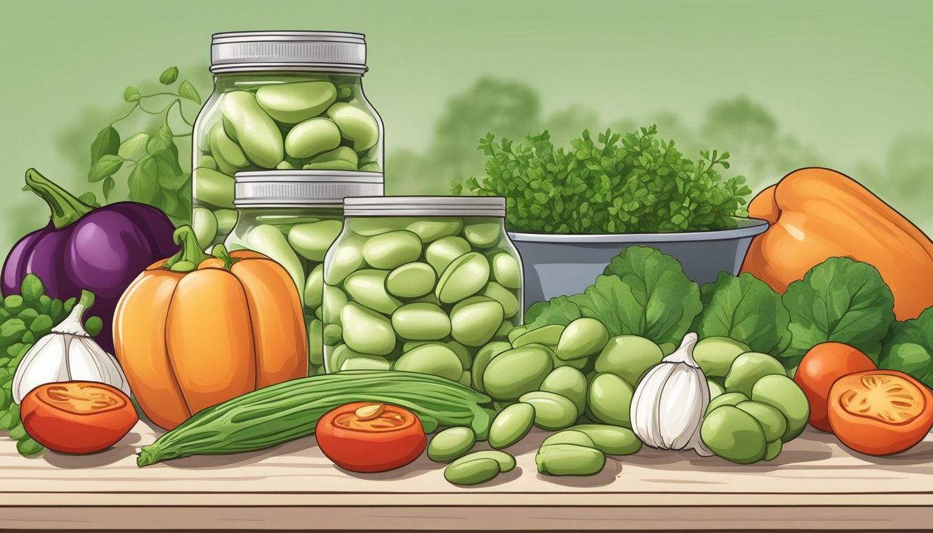 A can of lima beans surrounded by fresh vegetables and herbs on a kitchen countertop