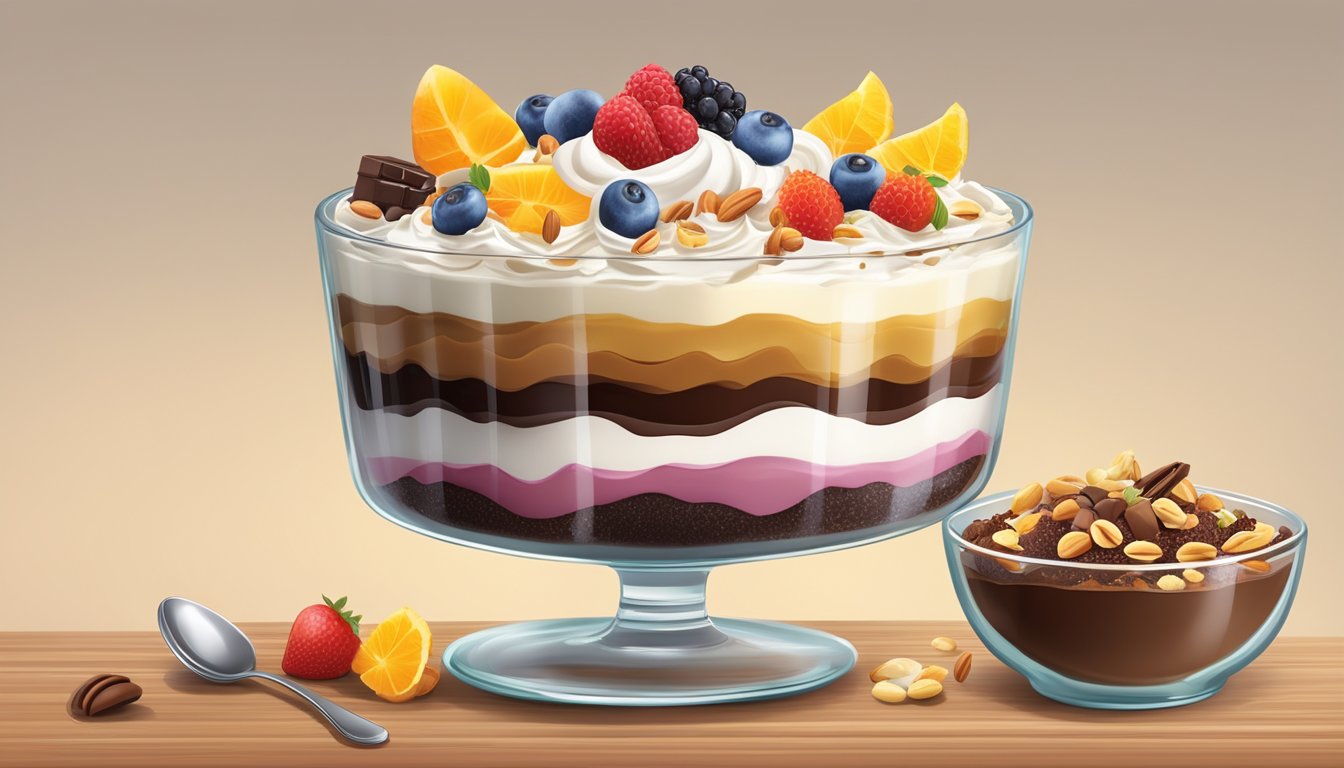 A glass trifle dish filled with layers of colorful instant pudding mix, cake, fruit, and whipped cream, topped with a sprinkle of nuts or chocolate shavings