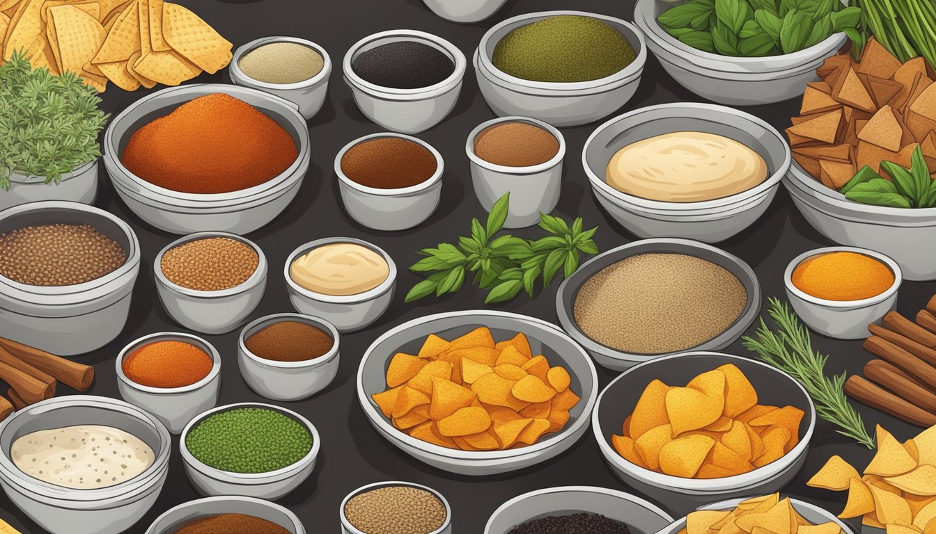 A colorful array of herbs and spices, arranged neatly next to a variety of homemade chips and dip, creating a vibrant and inviting pantry scene