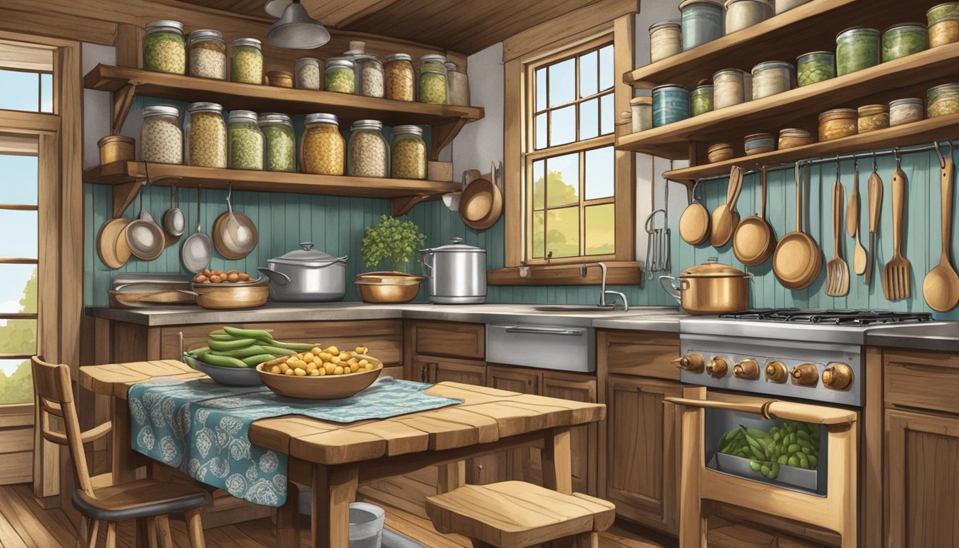 A rustic kitchen with open shelves displaying canned lima beans, surrounded by vintage cookbooks and cooking utensils