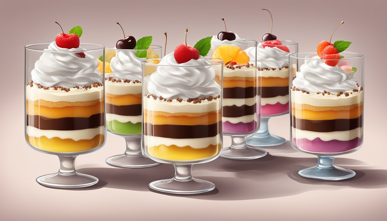 A glass trifle dish filled with layers of instant pudding, cake, fruit, and whipped cream. Garnished with a sprinkle of chocolate shavings and a cherry on top