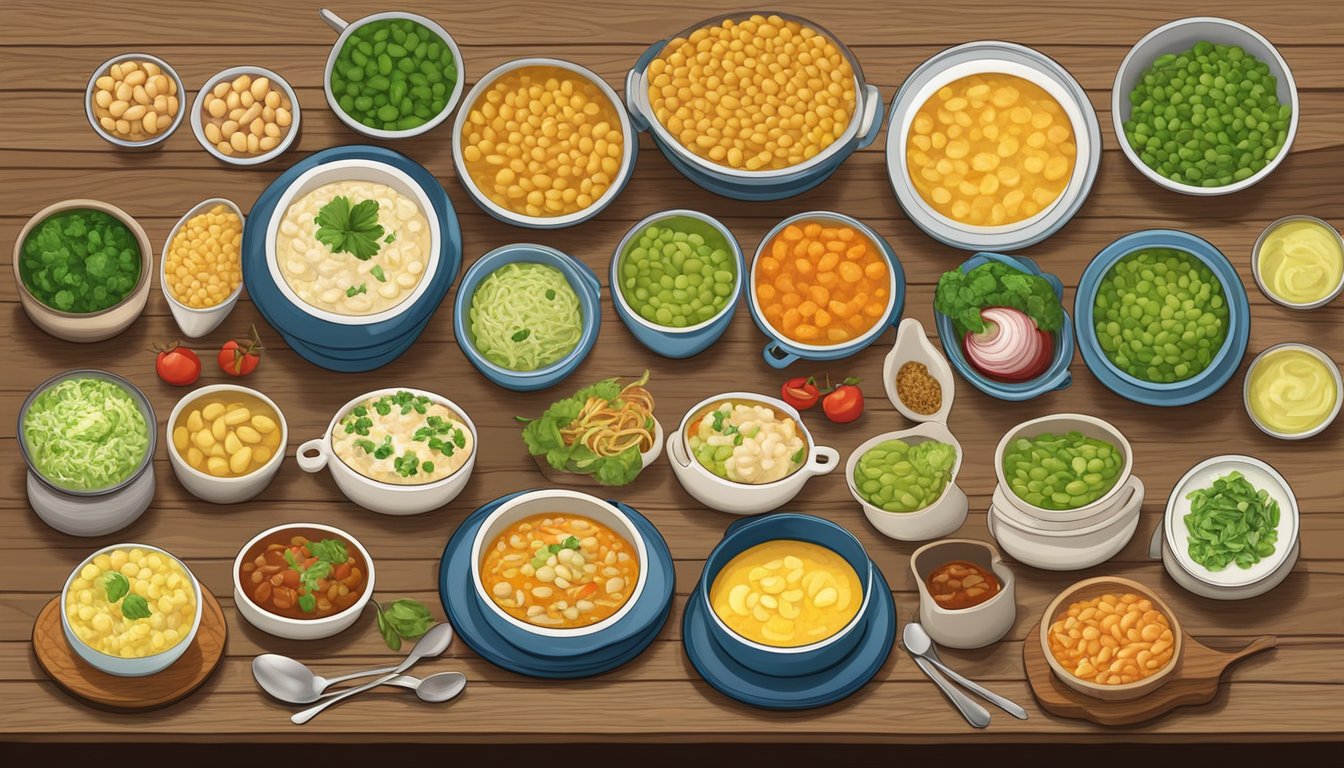 A colorful array of dishes featuring lima beans, from soups to salads to casseroles, arranged on a rustic wooden table