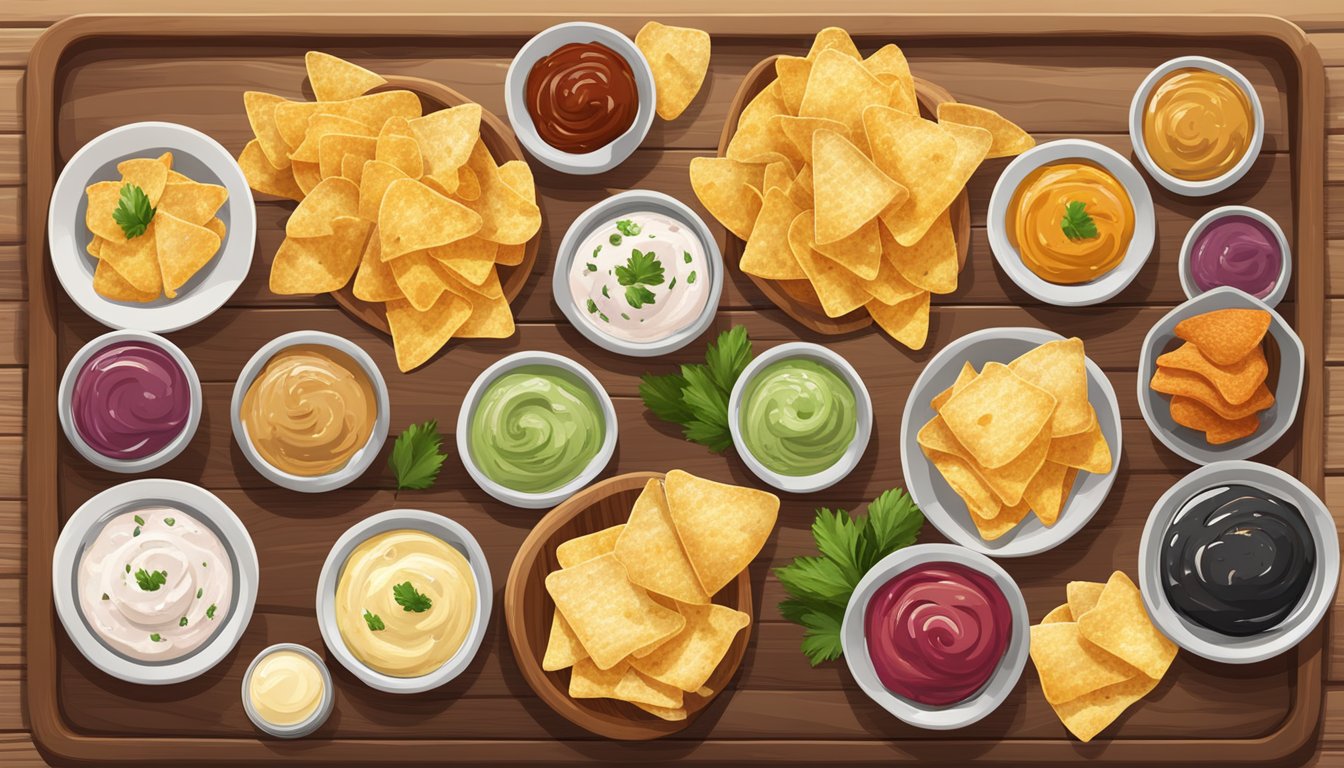 A spread of assorted homemade chips and various dips arranged on a wooden serving board