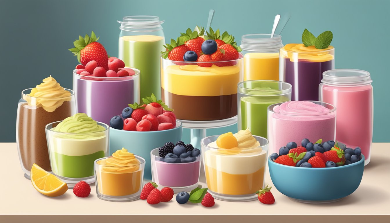 A colorful array of trifle ingredients arranged on a kitchen counter, including various flavors of instant pudding mix, fresh fruit, and layers of sponge cake