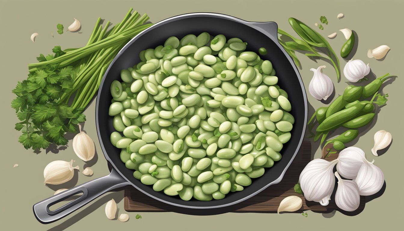 A chef sautés canned lima beans with garlic and herbs in a sizzling skillet