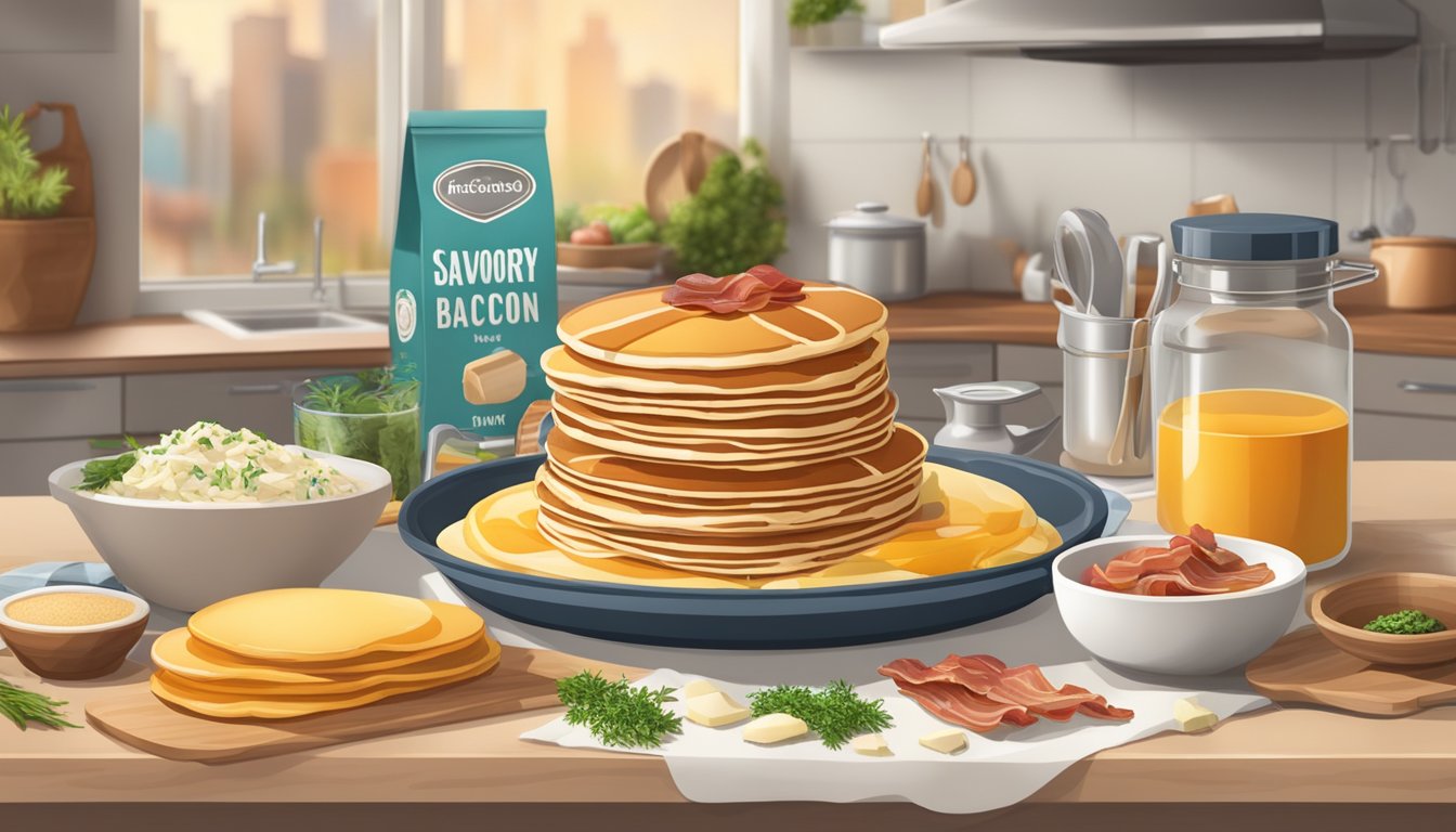 A kitchen counter with various ingredients and utensils, a box of pancake mix, and different savory toppings such as bacon, cheese, and herbs