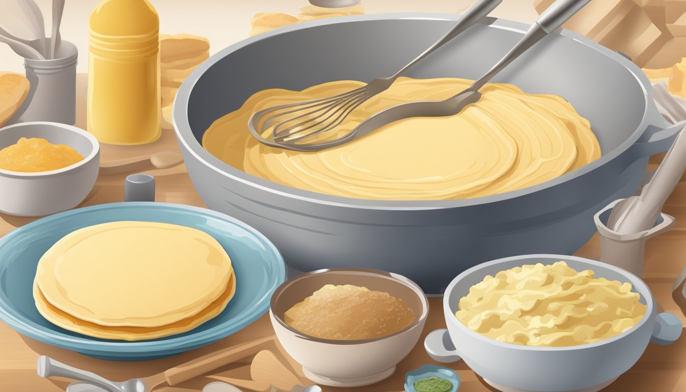 A bowl of pancake batter being mixed with various savory ingredients, surrounded by a box of pancake mix and other cooking utensils