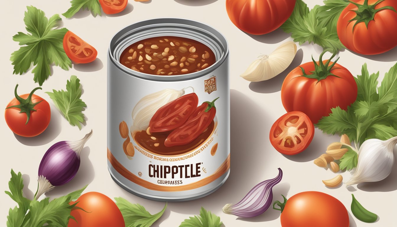 A can of chipotle peppers in adobo sauce surrounded by various ingredients like tomatoes, onions, and garlic, with a smoky aroma wafting through the air