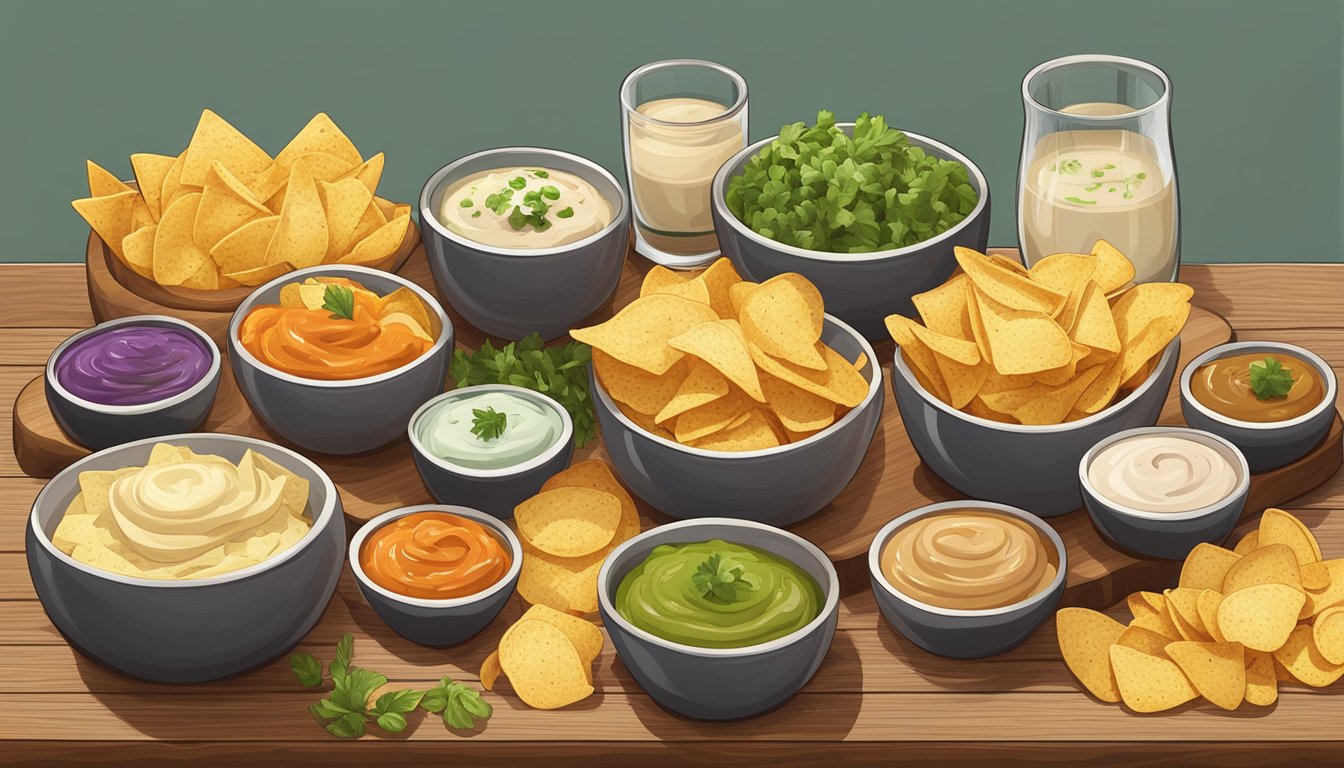 A wooden serving board with assorted homemade chips and a variety of dips in small bowls arranged in an organized and visually appealing manner