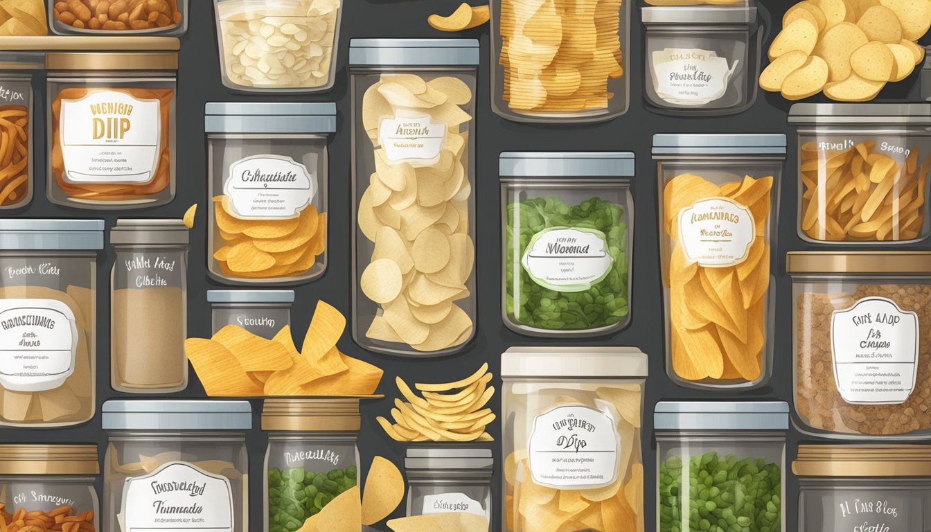 A well-organized pantry shelf displays a variety of homemade chips and dip in labeled airtight containers, ready for long-term storage