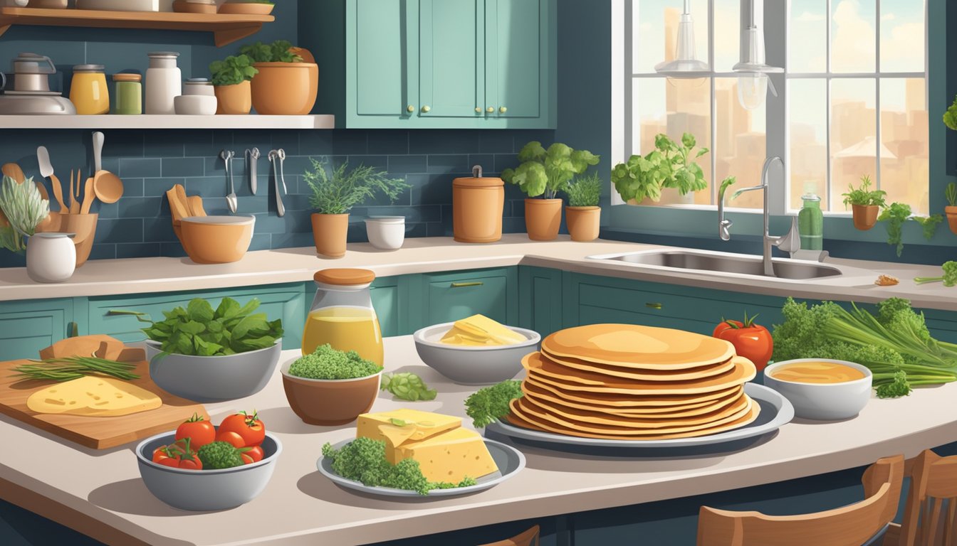 A kitchen counter with open boxes of pancake mix surrounded by various savory ingredients such as herbs, cheese, and vegetables