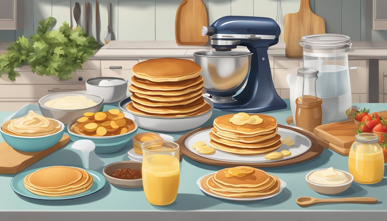 A kitchen counter with a mixing bowl, boxed pancake mix, various savory ingredients, and a finished spread of pancakes with toppings