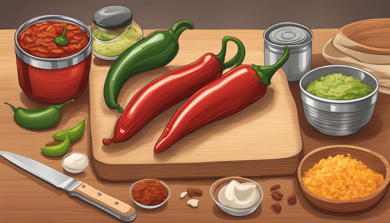 A wooden cutting board with a can of chipotle peppers, a chef's knife, and a bowl of various ingredients for signature chipotle recipes