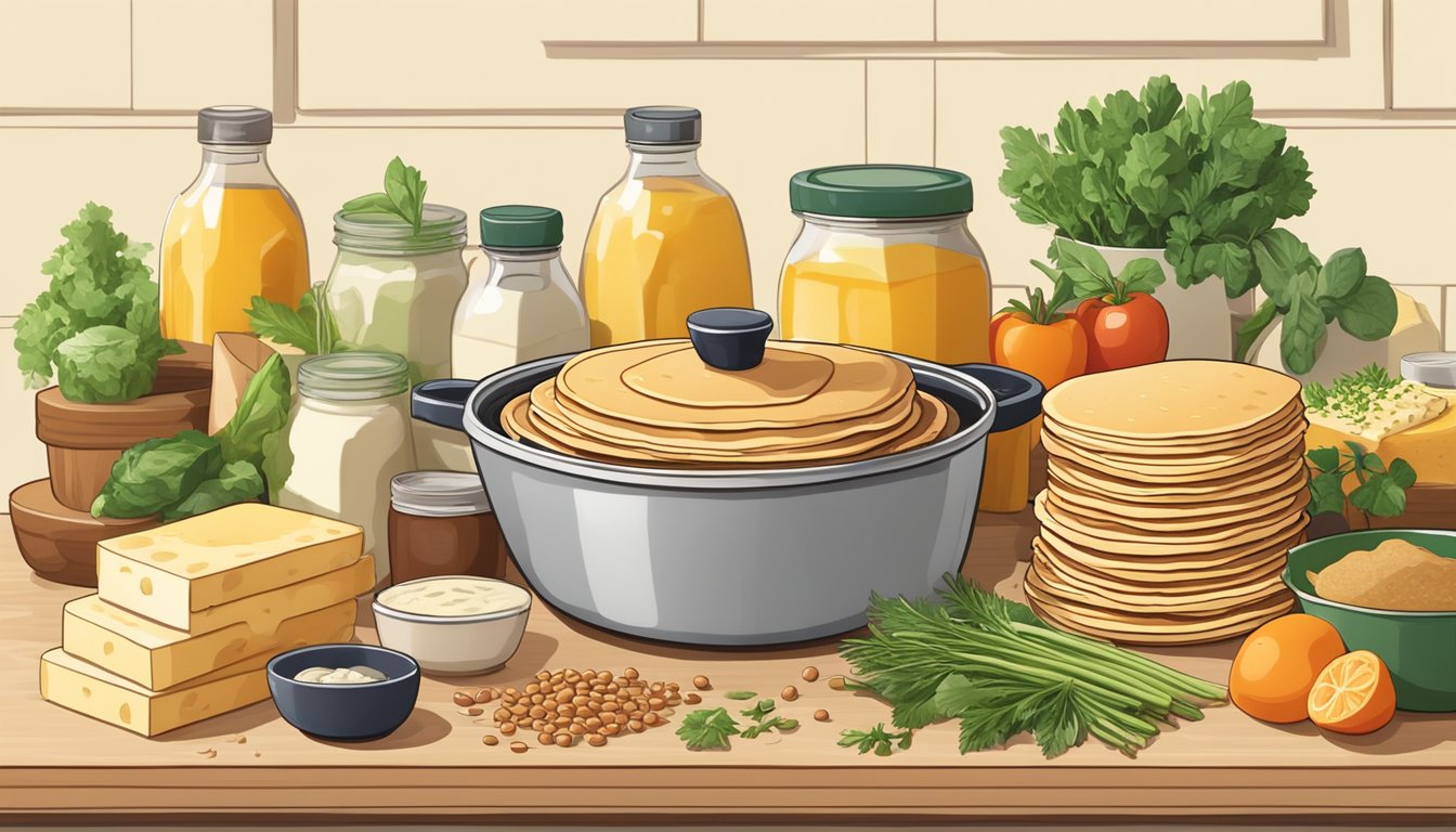 A kitchen counter with neatly stacked boxes of pancake mix, surrounded by various savory ingredients like cheese, herbs, and vegetables