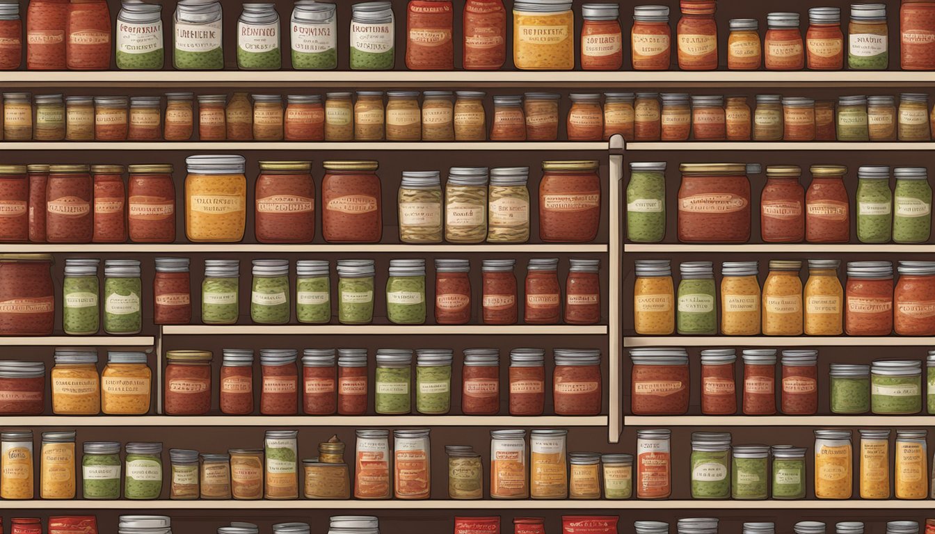 A pantry shelf with rows of neatly labeled canned chipotle peppers in glass jars