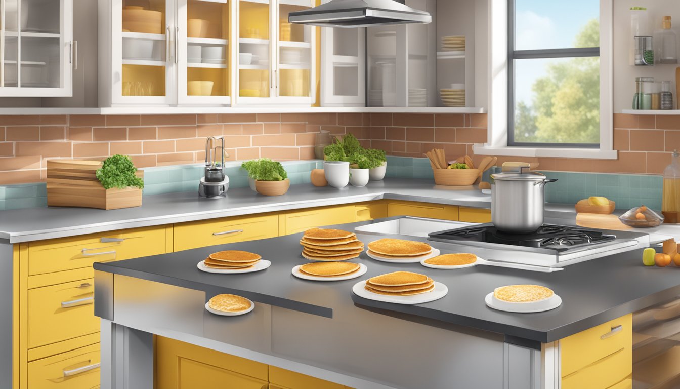 A kitchen counter with various branded boxes of savory pancake mix displayed