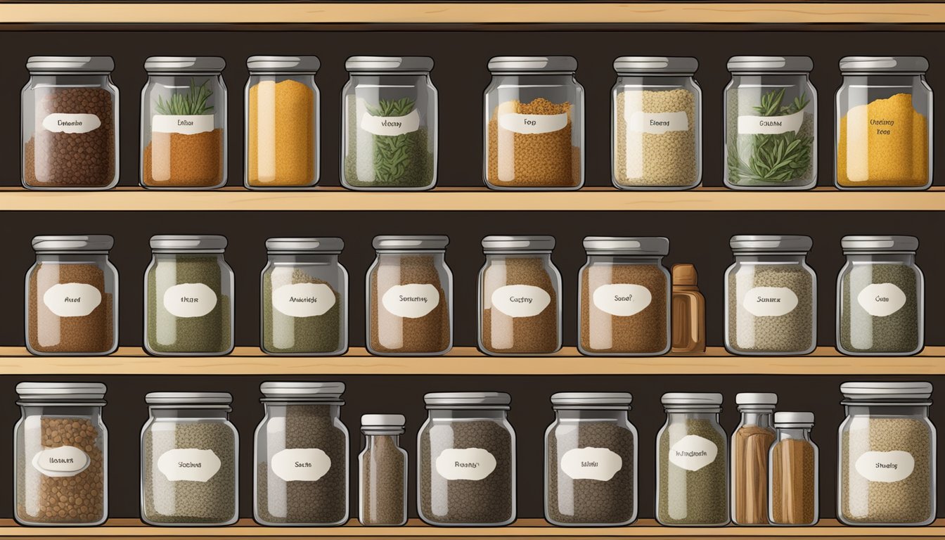 A variety of dried herbs and spices neatly organized in glass jars on a wooden shelf, with labels indicating the different blends