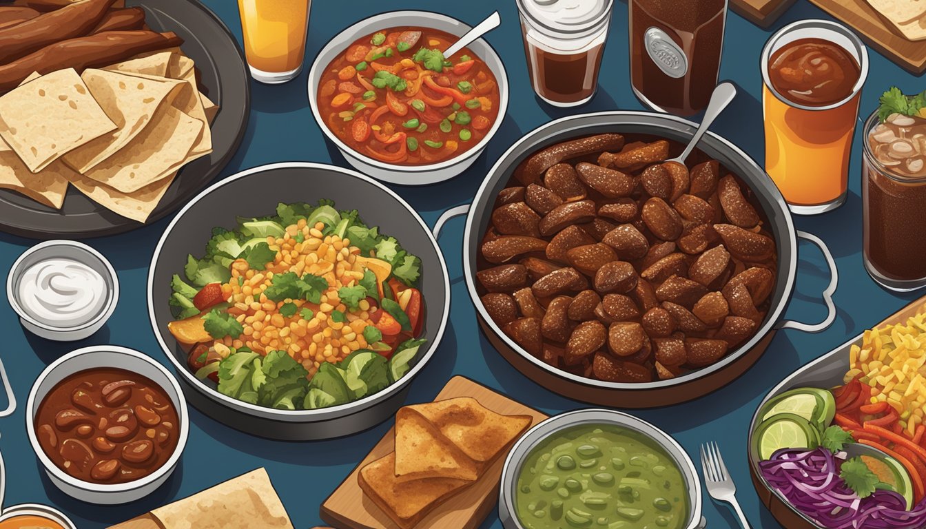 A sizzling plate of chipotle-infused dishes with a variety of beverages arranged around them, showcasing the smoky kick of the canned chipotle peppers