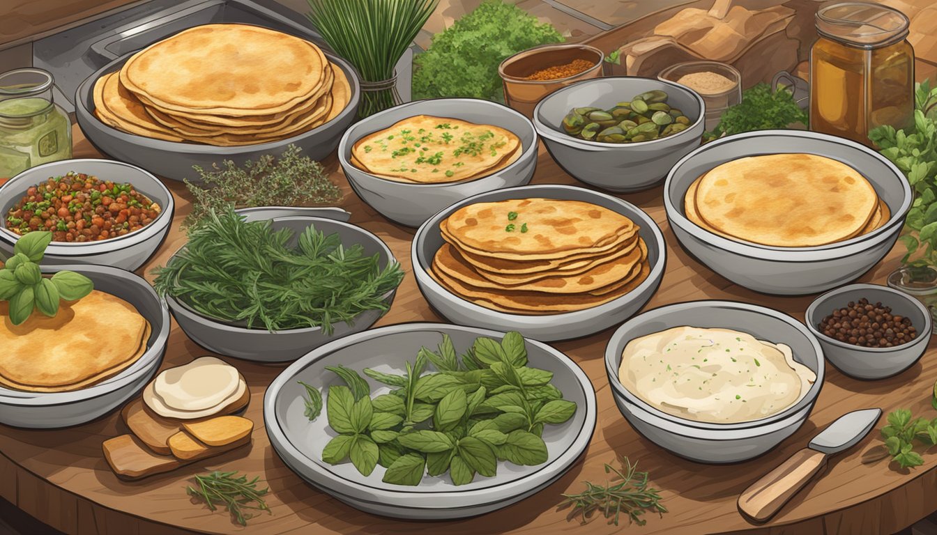 A rustic kitchen counter with bowls of fresh herbs, jars of spices, and a variety of savory pancake creations sizzling on a hot griddle