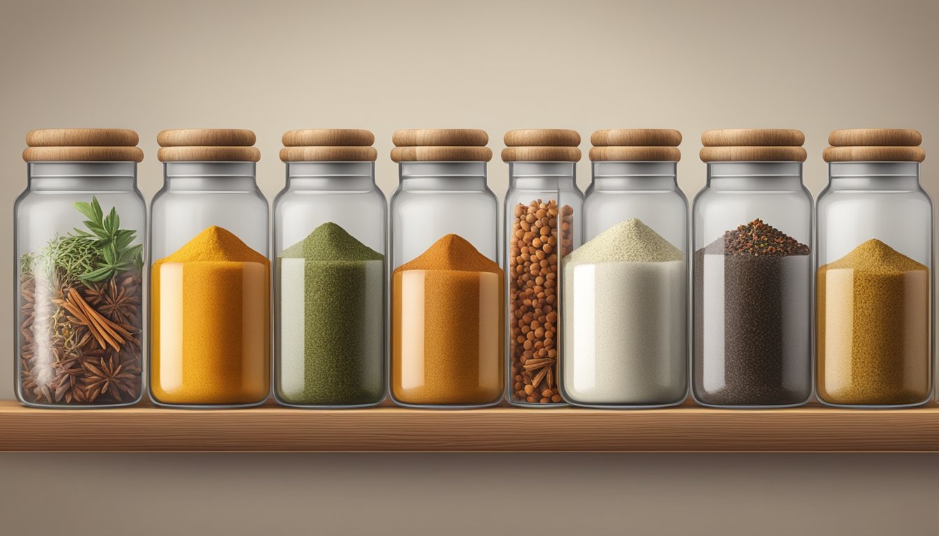 A row of glass jars filled with colorful spices and herbs, neatly organized on a wooden shelf. A mortar and pestle sit nearby, ready for blending