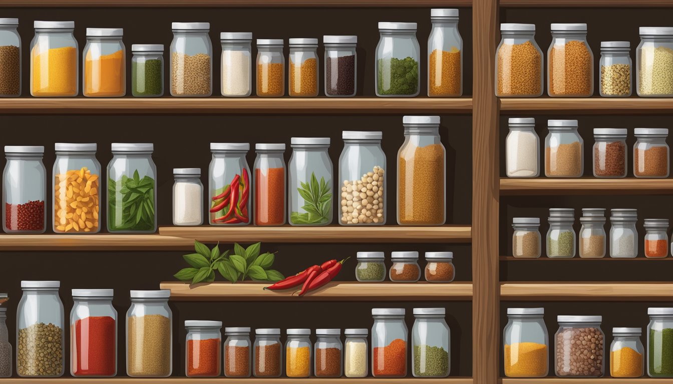 Various jars and bags of shelf-stable ingredients such as herbs, spices, and dried chilies are neatly arranged on a wooden shelf