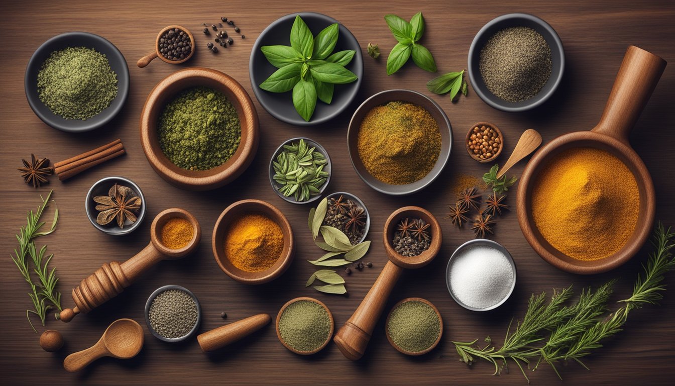 A variety of dried herbs and spices arranged on a wooden table, alongside mortar and pestle, spice grinder, and measuring spoons